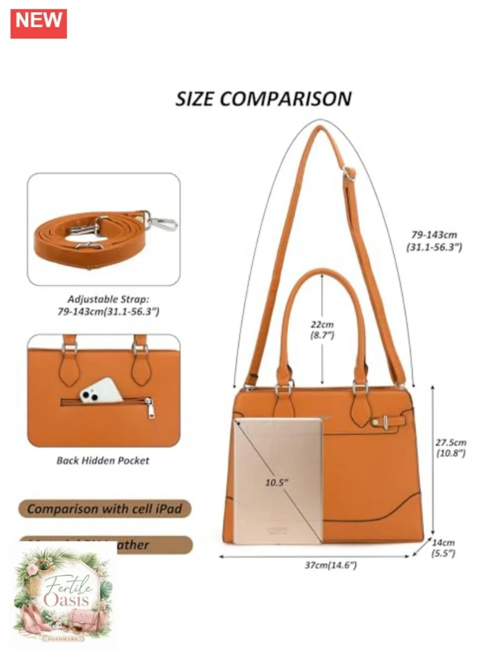 Structured Vegan Leather Tote Bag Satchel Handbag with Pockets for Work